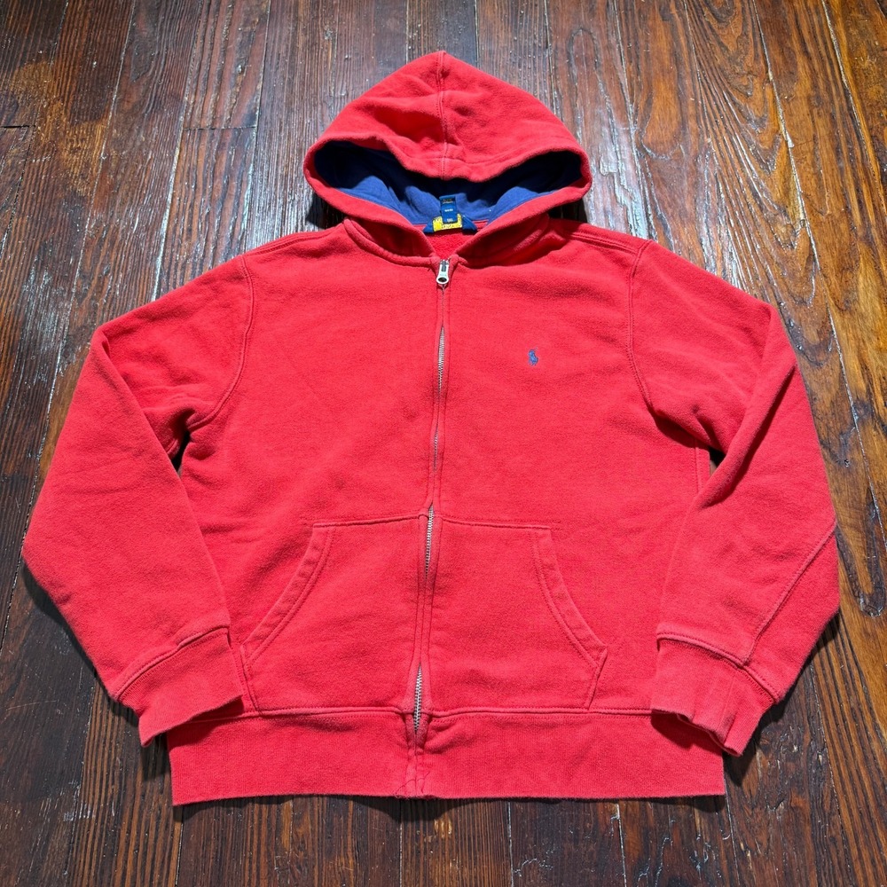 Polo Ralph Lauren Sweater Youth Boys Large 14-16 Red Hoodie Full Zip Blue Pony